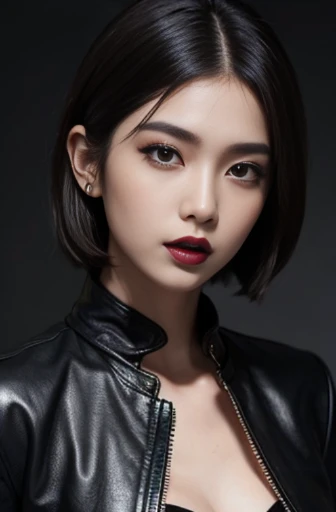 a close up of a woman wearing a leather jacket, inspired by Hedi Xandt, trending on cg society, popular south korean makeup, chin-length hair, dark cape, 💣 💥, south east asian with round face, avatar image, wlop loish and clamp style, instagram model, black lips, black colour lipstick on lips, cindy avelino, with short hair, hana alisa omer, makeup, black lips, juicy black lips, sexy hot black colour lips