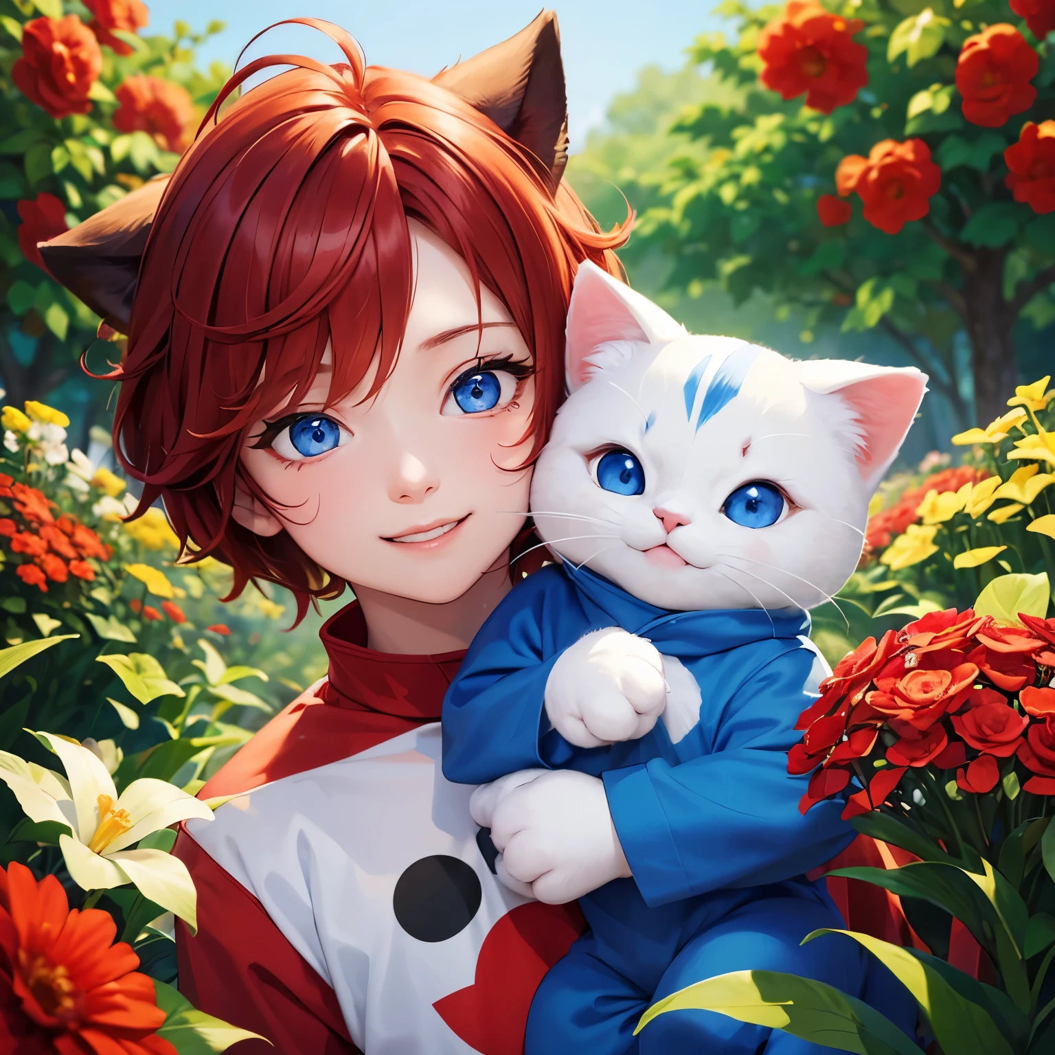 Boy, 2 years old, red hair, blue eyes, wearing a cat mascot costume, smiling, flower garden background. have a perfect face Up to 8k resolution, clear details A masterpiece is the ultimate art.อ