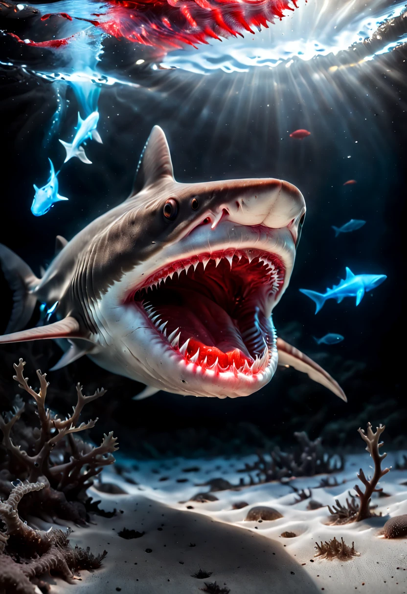 blood mouth Shark, Capture the ethereal dance of light and shadow in a stunning monochromatic photograph with selective color details, revealing the hidden poetry of Bioluminescence, (realistic, photorealistic, RAWphoto:1.4), octane render, intricate, (best quality, masterpiece, Representative work, official art, Professional, 8k wallpaper:1.3)
