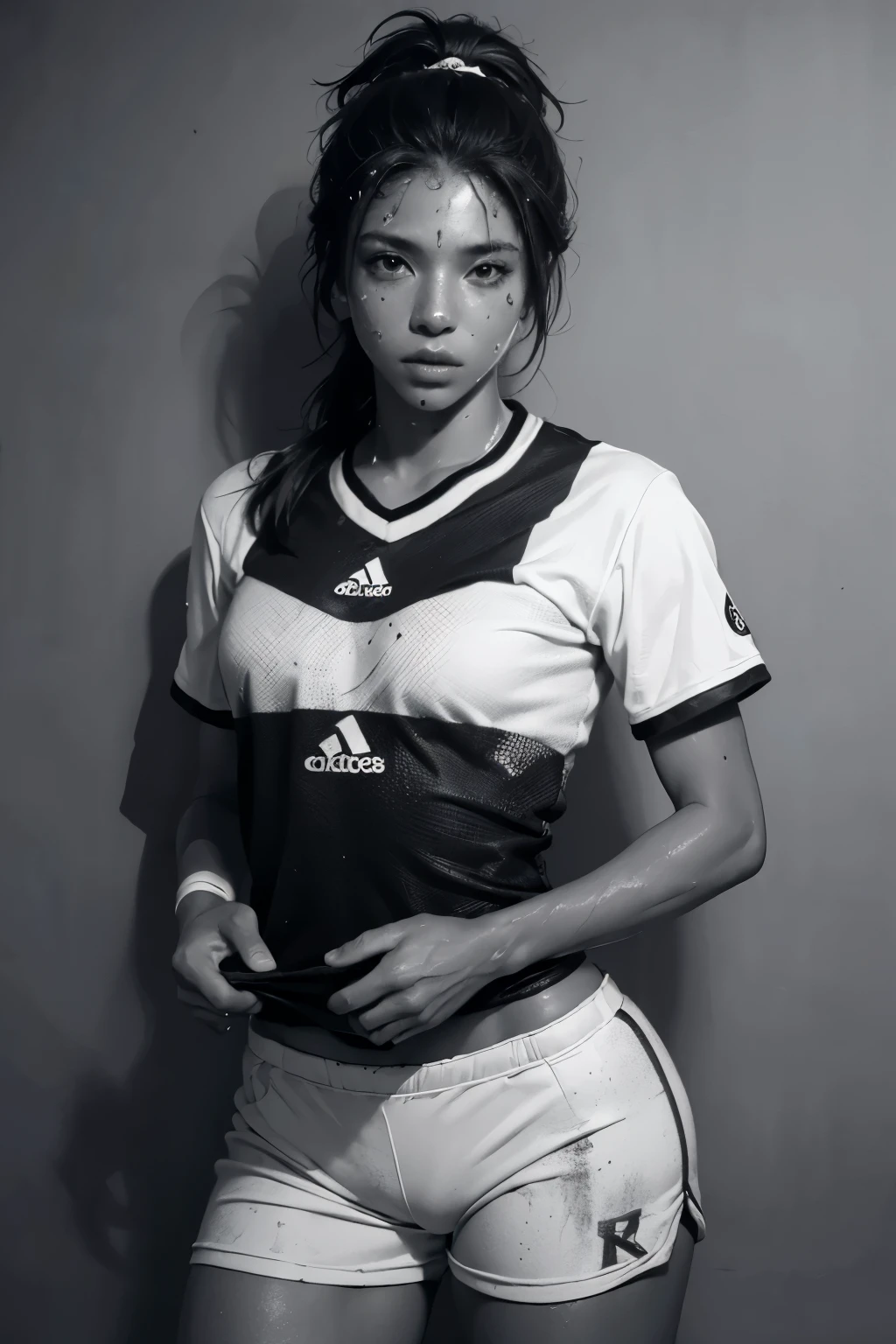 Old soccer player, (Masterpiece: 1.4), (8K, Black and White Photo, Best Quality: 1.4), (Jogador de Futebol: 1.3), (1 Person), Detailed Face, (Realistic: 1.3), (Textured Skin: 1.3), (Sweat: 1.2), (Saggy jersey: 0.9), (Fingers on the ball: 0.8), (Medium shot: 1.1), (Looking off into the distance: 0.7), (Nostalgic atmosphere: 1.0), (Well-worn cleats: