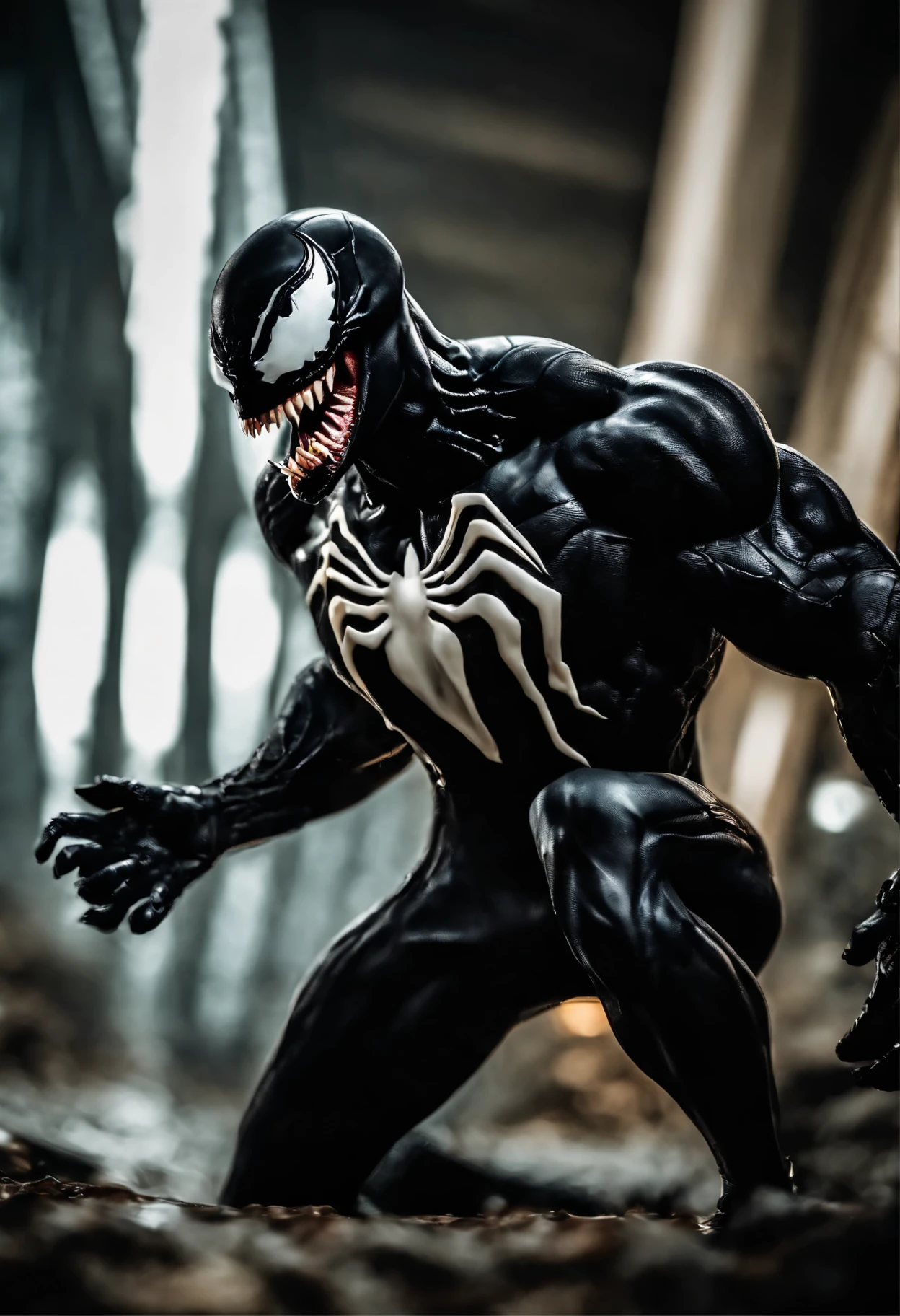 Venom has a flash,close up photo,Liquid armor,Delicate picture, creepy smile, evil, cinematic , scary, hyper detailed