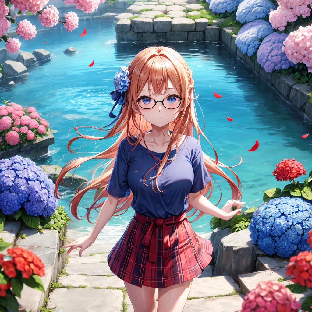 Red-blonde、blue hair、blue eyes、Braid、one good looking girl、solo、anime、Plaid miniskirt、camisole、black t-shirt、Tilting your face、Doing the ribbon、Ribbon at waist、sunset sky、shrine、stone stairs、petal、tunnel、drawing a fortune、Fallen leaves、fixing glasses、waterfall、Have a bouquet of hydrangeas、contrail、drinking water