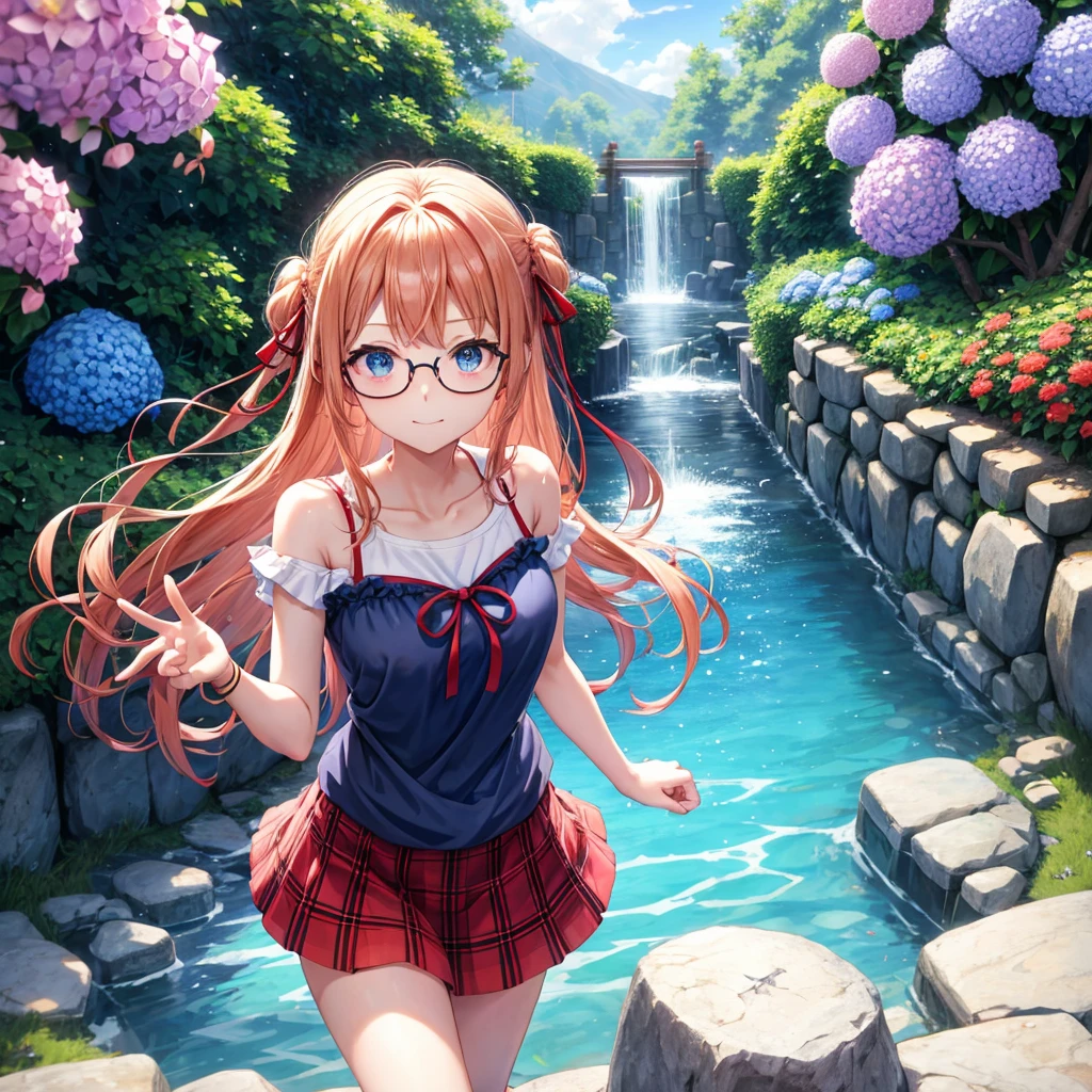 Red-blonde、blue hair、blue eyes、Braid、one good looking girl、solo、anime、Plaid miniskirt、camisole、black t-shirt、Tilting your face、Doing the ribbon、Ribbon at waist、sunset sky、shrine、stone stairs、petal、tunnel、drawing a fortune、Fallen leaves、fixing glasses、waterfall、Have a bouquet of hydrangeas、contrail、drinking water