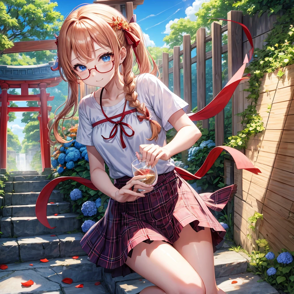Red-blonde、blue hair、blue eyes、Braid、one good looking girl、solo、anime、Plaid miniskirt、camisole、black t-shirt、Tilting your face、Doing the ribbon、Ribbon at waist、sunset sky、shrine、stone stairs、petal、tunnel、drawing a fortune、Fallen leaves、fixing glasses、waterfall、Have a bouquet of hydrangeas、contrail、drinking water