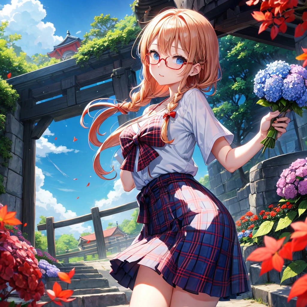 Red-blonde、blue hair、blue eyes、Braid、one good looking girl、solo、anime、Plaid miniskirt、camisole、black t-shirt、Tilting your face、Doing the ribbon、Ribbon at waist、sunset sky、shrine、stone stairs、petal、tunnel、drawing a fortune、Fallen leaves、fixing glasses、waterfall、Have a bouquet of hydrangeas、contrail、drinking water