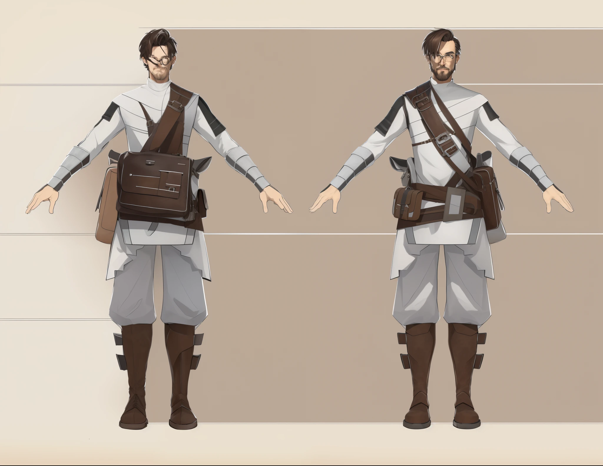 (Realistic:1.33),(masterpiece:1.1),(highest quality:1.1),(HDR:1),a close up of a man with a medieval fantasy bag and a backpack, full body character concept, full body concept, detailed full body concept art, concept shirt, detailed full body concept, full body concept art, philosopher medieval style character, game character design, concept character, full body character concept art, 3 d character reference sheet, male, video game character concept, detailed character design, character sheet, character model sheet turnaround , front and back, front and back, medieval philosopher wearing black and white shirt with leather bag full of paper, white and black costume, philosopher glasses, ( brown leather boots ), waist leather bag, Shoulder Armor with Moonlit Edges, grey clean background