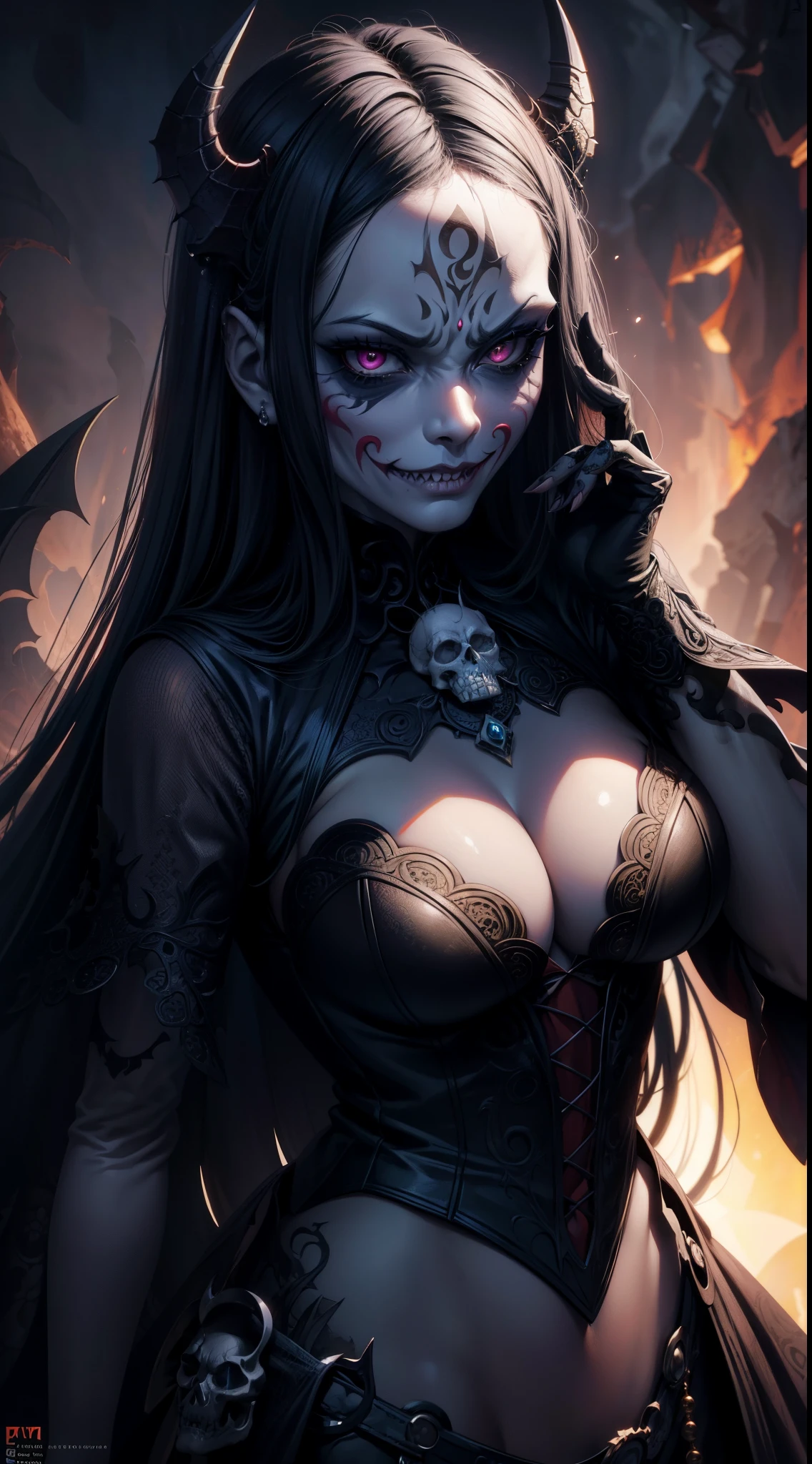 Skull joker girl demon concept art portrait by casey weldon, olga kvasha, miho hirano, hyperdetailed intricately detailed gothic art trending on artstation triadic colors unreal engine 5 detailed matte painting, deep color, fantastical, intricate detail, splash screen, complementary colors, fantasy concept art, 8k resolution, gothic deviantart masterpiece, sharp teeth, busty, smirking