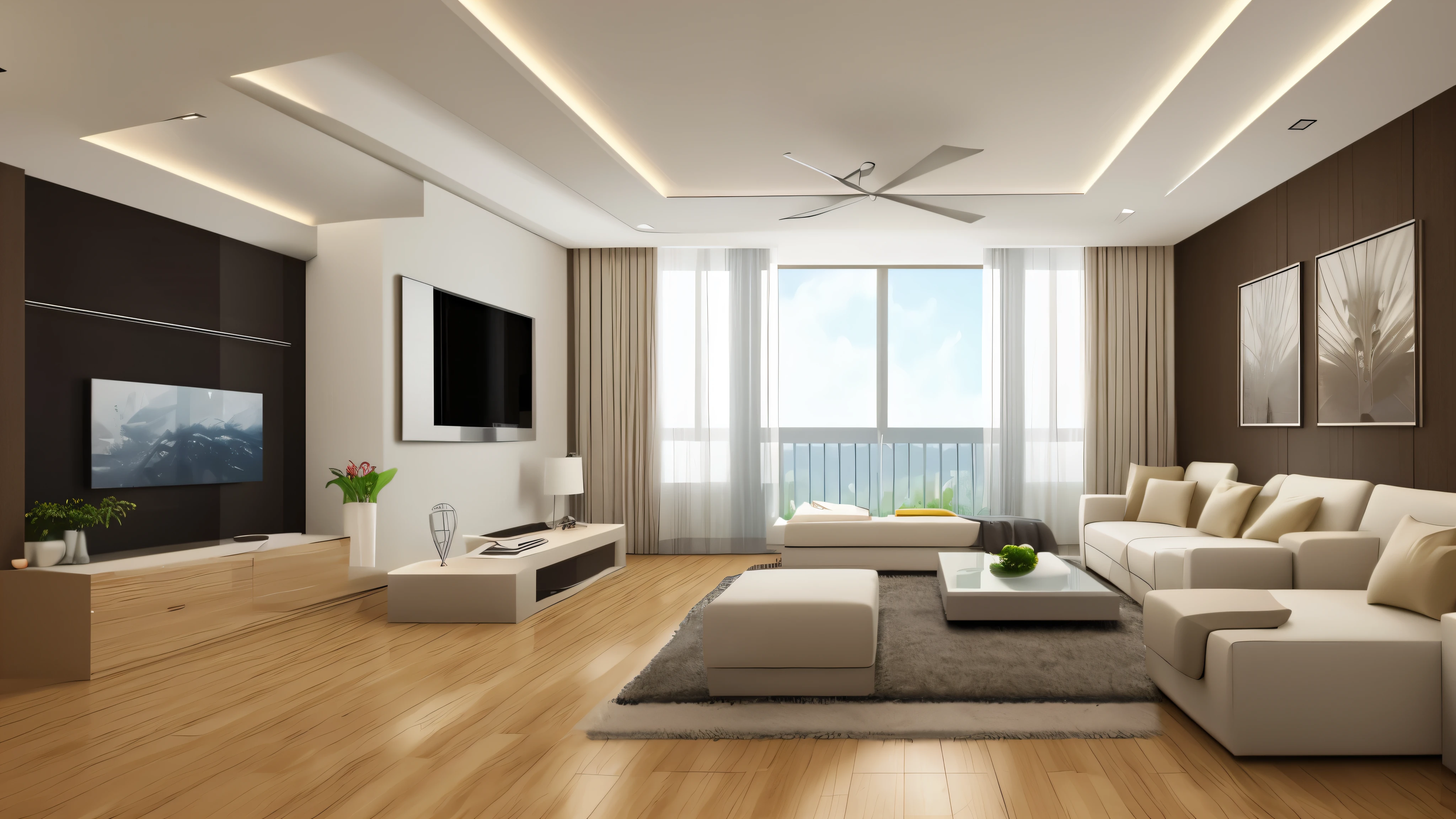 You are a famous interior designer、You have been asked to create a 3D image of a modern large room. Create a harmonious environment with modern and minimalist furniture. Including garden interior.