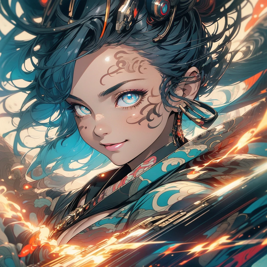 (((highest quality))),(((detailed eyes))),(((32k))),(1 girl),hair,(tattoo),(cyber punk),kimono,((Luxurious and gorgeous)),Shiny skin,earrings,flashy,((Super beautiful woman)),(perfect face),Japanese sword,ultimate texture,official art,Ukiyo-e,stylish,photograph,perfect body,smile,Bewitching,Highest image quality,distinct,real,fantasy,(Near the future),ninja,perfect eyes,big breasts,((cleavage)),highlight,挑発的なsmile,sideways glance,