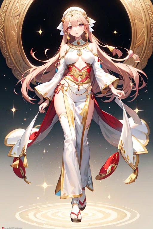 ((best quality)), ((masterpiece)), (detailed), perfect face brownish pale long pink hair with and golden brown eyes full body (((Clothes theme Slightly Arabian mix with traditional filipino clothing))) ((splash art))
