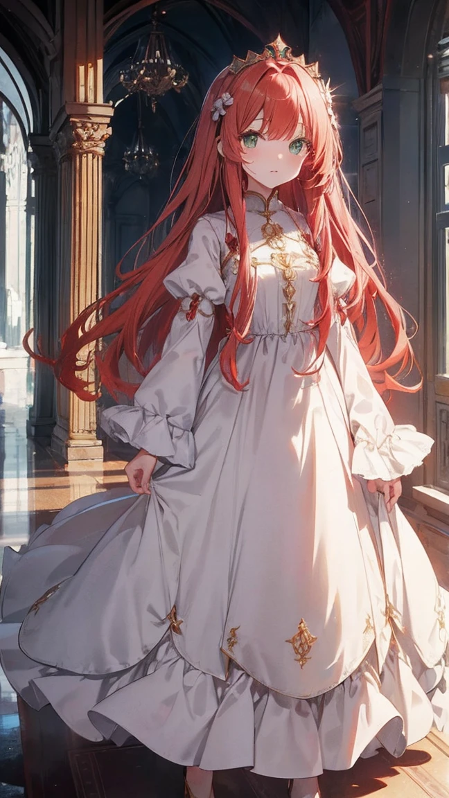 Light red hair、green eyes、wavy hair、long hair、crown、white dress、whole body、Standing picture