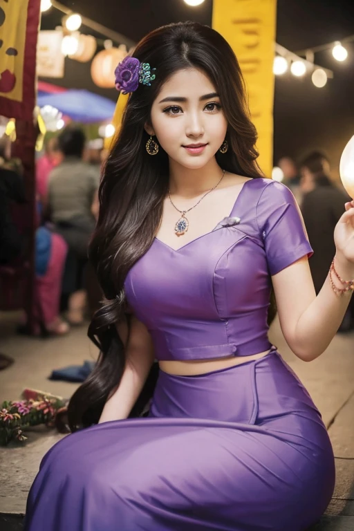 Carlotta Champagne as a beautiful young maiden, sitting perfect full body, perfect large breasts, perfect small waist, perfect long wavy hair, wearing light makeup, long eye lashes, eye mascara, wearing purple Ornaments, long earrings, necklaces, happy look, at a Myanmar night market, night neon light.