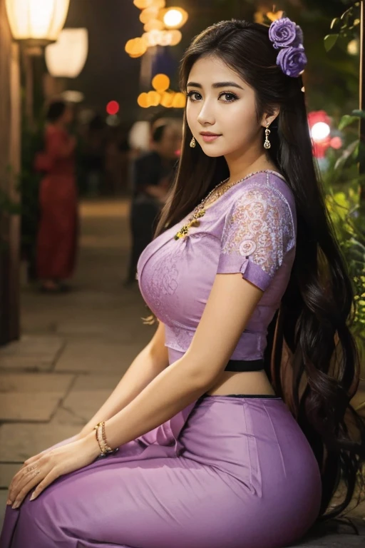 Carlotta Champagne as a beautiful young maiden, sitting perfect full body, perfect large breasts, perfect small waist, perfect long wavy hair, wearing light makeup, long eye lashes, eye mascara, wearing purple Ornaments, long earrings, necklaces, happy look, at a Myanmar night market, night neon light.