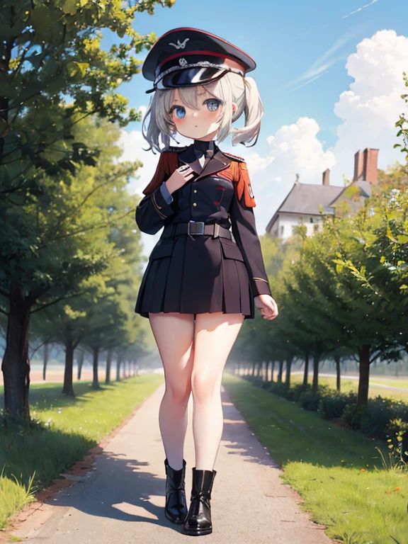 nazi outfit, ss, german ww2 soldier, ss officer, Nahida, loli, child, flat chest, fullbody, thick thighs, standing, outdoor, cute girl, cute loli, 