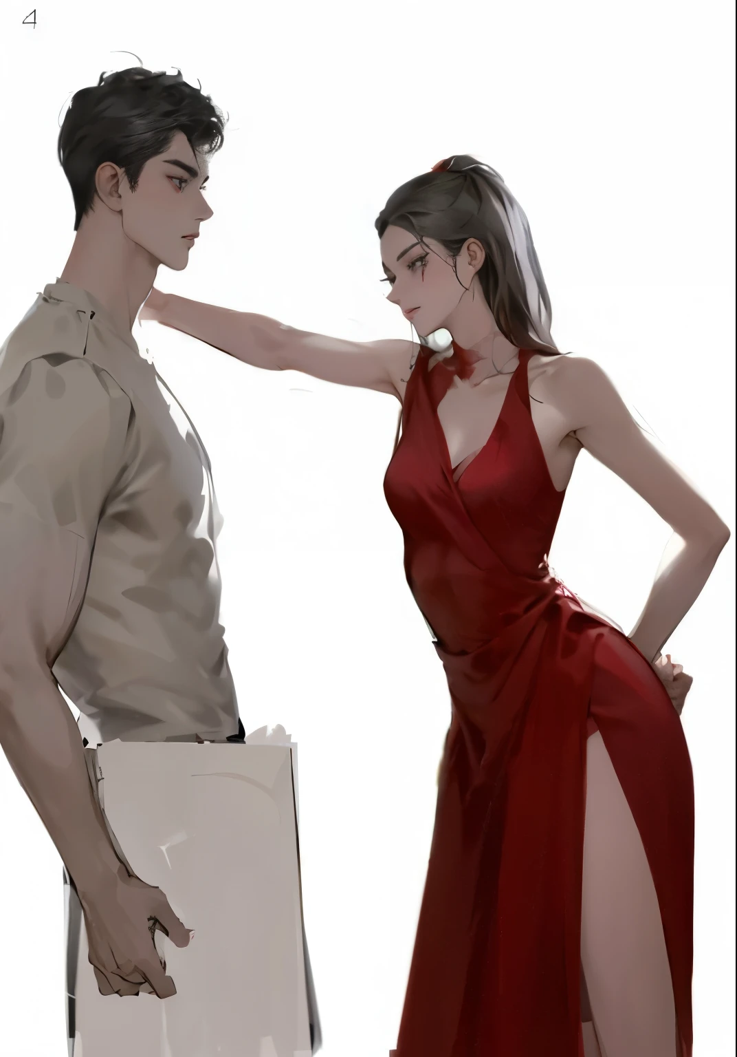 Painting of a man and woman in red clothes, By Kim Eung Hwan, Ruan Jia and Joao Ruas, by jeonseok lee, Inspiration from Magalie Villeneuve, Phtoto Gray with Red Dress, inspired by Kim Deuk-sin, Charlie Bowater and Artgeem, Artgerm and Genzoman, By Yang J