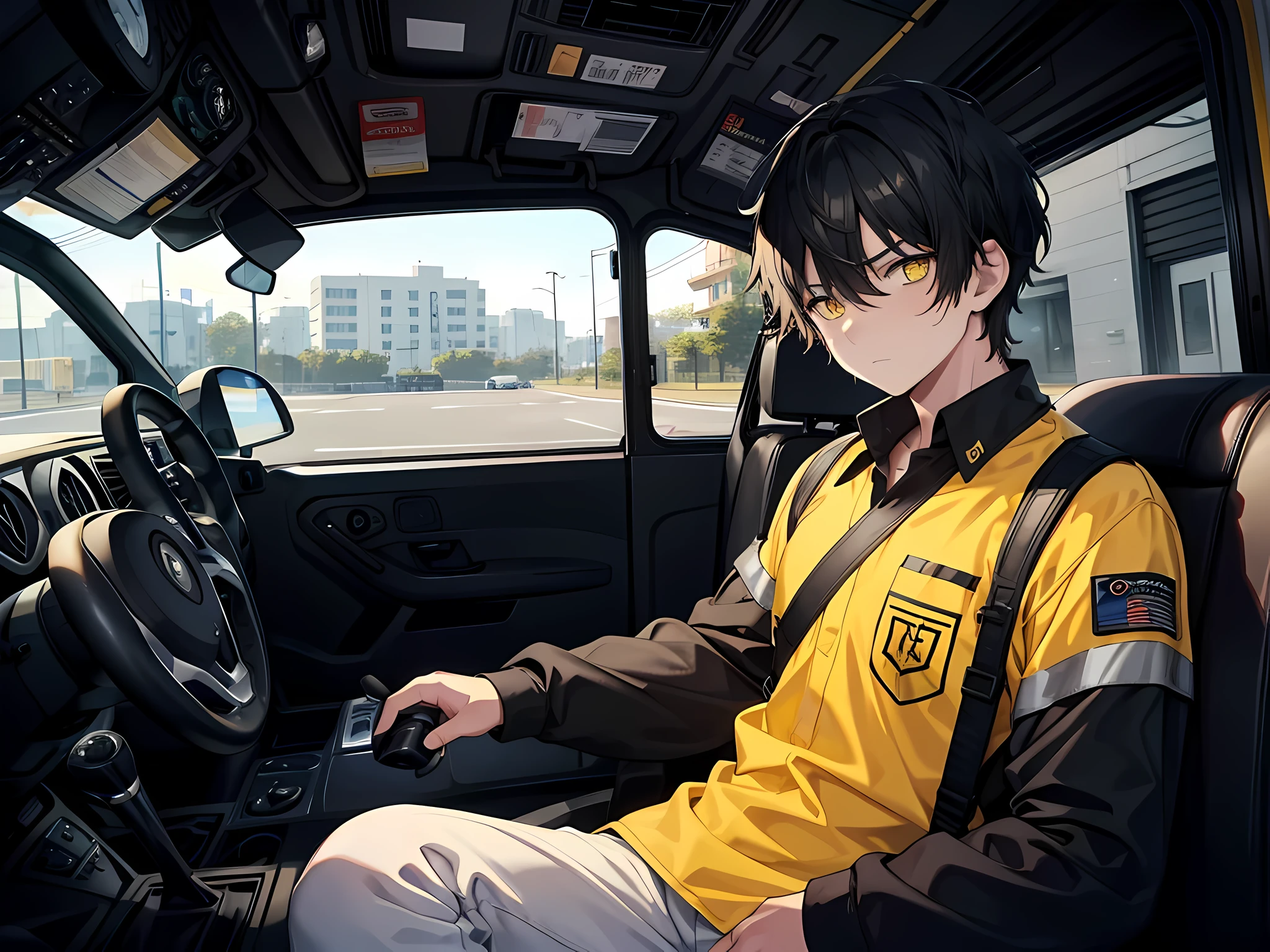 1 boy, black short hair, yellow eye colors, wearing truck driver uniform, exhausted face, driving a truck, inside a truck cabin