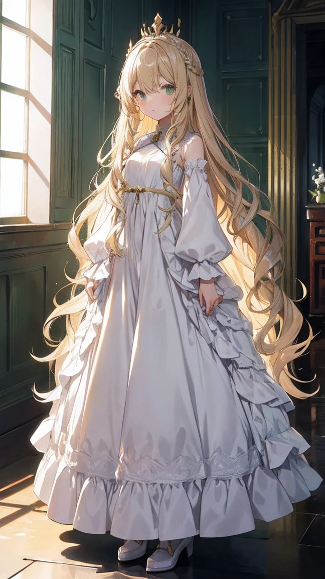thin blonde hair、green eyes、wavy hair、long hair、crown、white dress、whole body、Standing picture