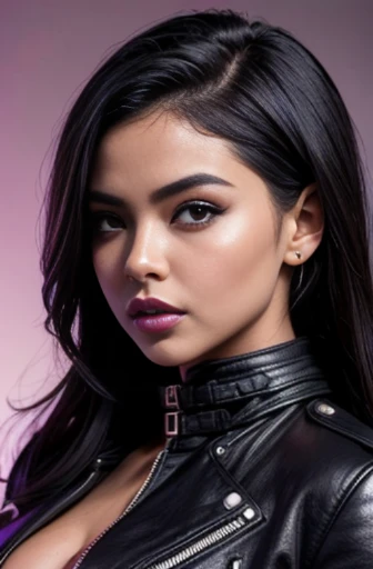 a close up of a woman wearing a leather jacket, isabela moner, shiny black lipstick, inspired by Wang Wu, angel knight gothic girl, full shot photo, gorgeous stella maeve magician, necro, akira yoshizawa, olivia culpo, by Lü Ji, book, bite her lip, streaming on twitch, forbidden beauty, 2070s