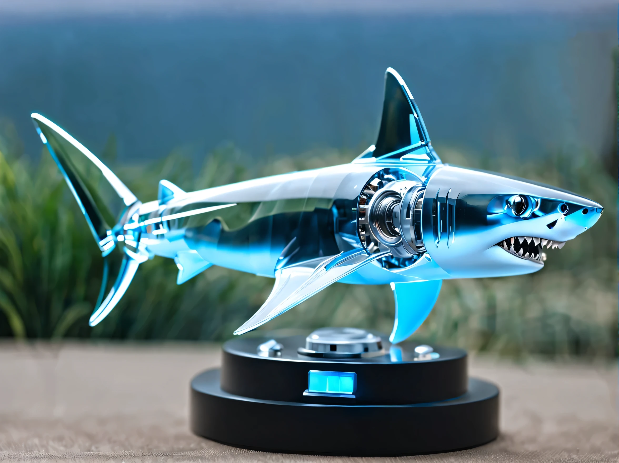 (best quality,HD:1.2)。Transparent mechanical shark,sharp metal teeth,LED glowing eyes,半transparent身体,Demonstrate complex internal structure,metal reflection,dynamic poses,sharp focus,(Mechanical Parts:1.3), (transparent:1.5)