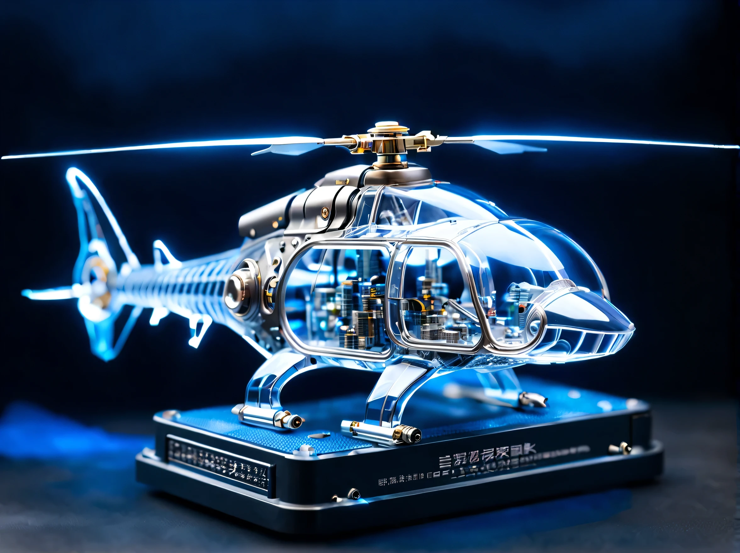 (best quality，HD:1.2)。鲨鱼造型的helicopter，helicopter，inspired by sharks，Transparent mechanical shark，sharp metal teeth，LED glowing eyes，半transparent身体，Demonstrate complex internal structure，metal reflection，dynamic poses，sharp focus，(Mechanical Parts:1.3), (transparent:1.5)