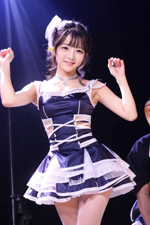 (masterpiece)、Detailed、(cute)、((Idol))、(赤色と黄色のIdol衣装)、、smile、Side ponytail hair、belly button、shoulder、Checkered ruffled lender、(dance)、Knee-high socks、Big ribbon、White underwear、Colorful hair colors、((Flat chest))、In the spotlight