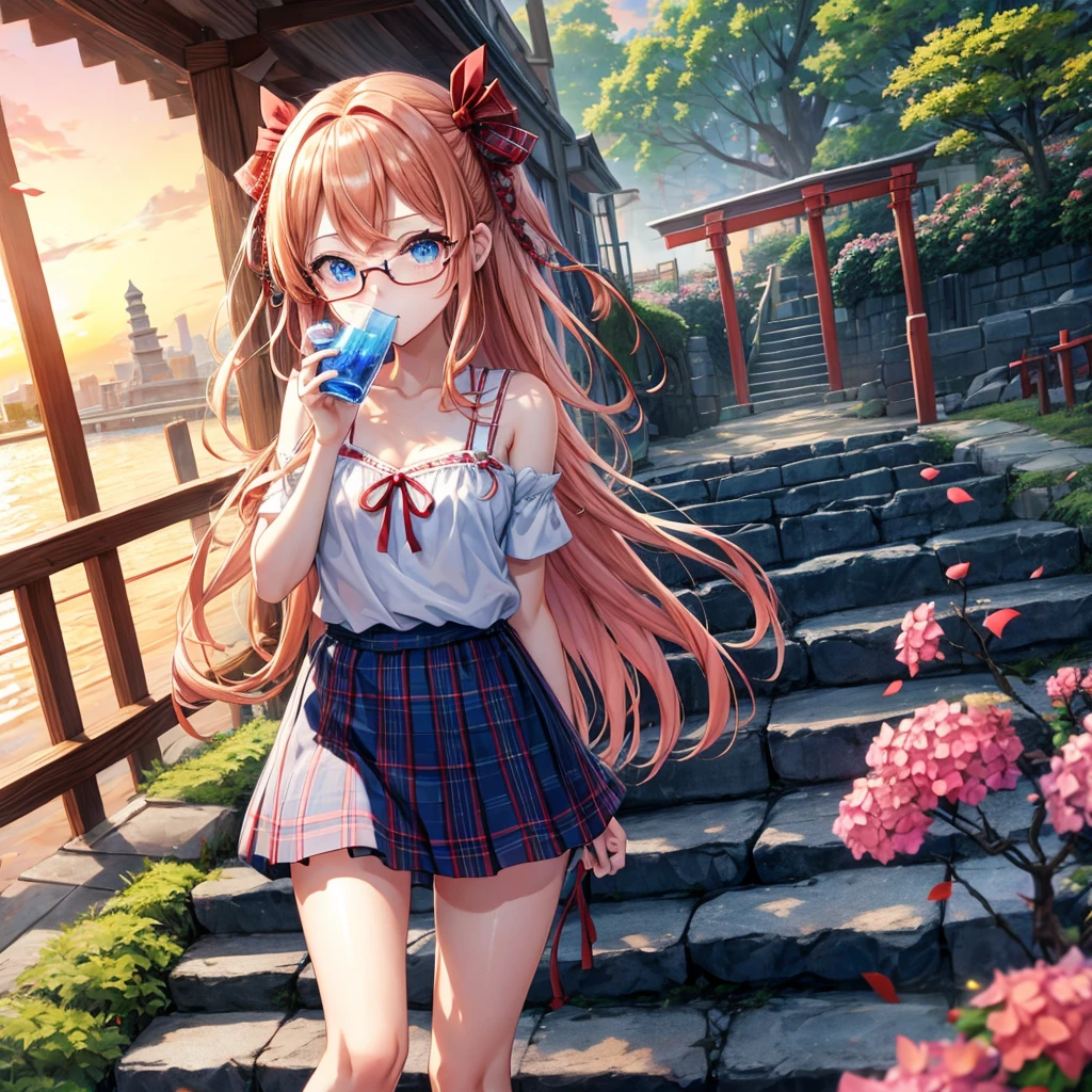 Red-blonde、blue hair、blue eyes、Braid、one good looking girl、solo、anime、Plaid miniskirt、camisole、black t-shirt、Tilting your face、Doing the ribbon、Ribbon at waist、sunset sky、shrine、stone stairs、petal、tunnel、drawing a fortune、Fallen leaves、fixing glasses、waterfall、Have a bouquet of hydrangeas、contrail、drinking water