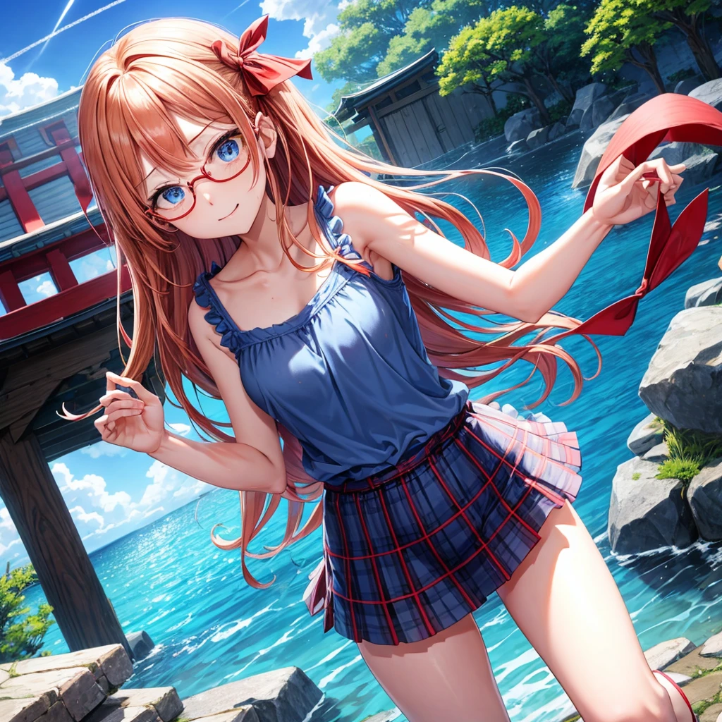 Red-blonde、blue hair、blue eyes、Braid、one good looking girl、solo、anime、Plaid miniskirt、camisole、black t-shirt、Tilting your face、Doing the ribbon、Ribbon at waist、sunset sky、shrine、stone stairs、petal、tunnel、drawing a fortune、Fallen leaves、fixing glasses、waterfall、Have a bouquet of hydrangeas、contrail、drinking water