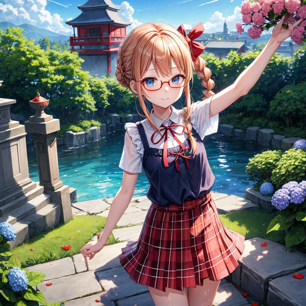 Red-blonde、blue hair、blue eyes、Braid、one good looking girl、solo、anime、Plaid miniskirt、camisole、black t-shirt、Tilting your face、Doing the ribbon、Ribbon at waist、sunset sky、shrine、stone stairs、petal、tunnel、drawing a fortune、Fallen leaves、fixing glasses、waterfall、Have a bouquet of hydrangeas、contrail、drinking water