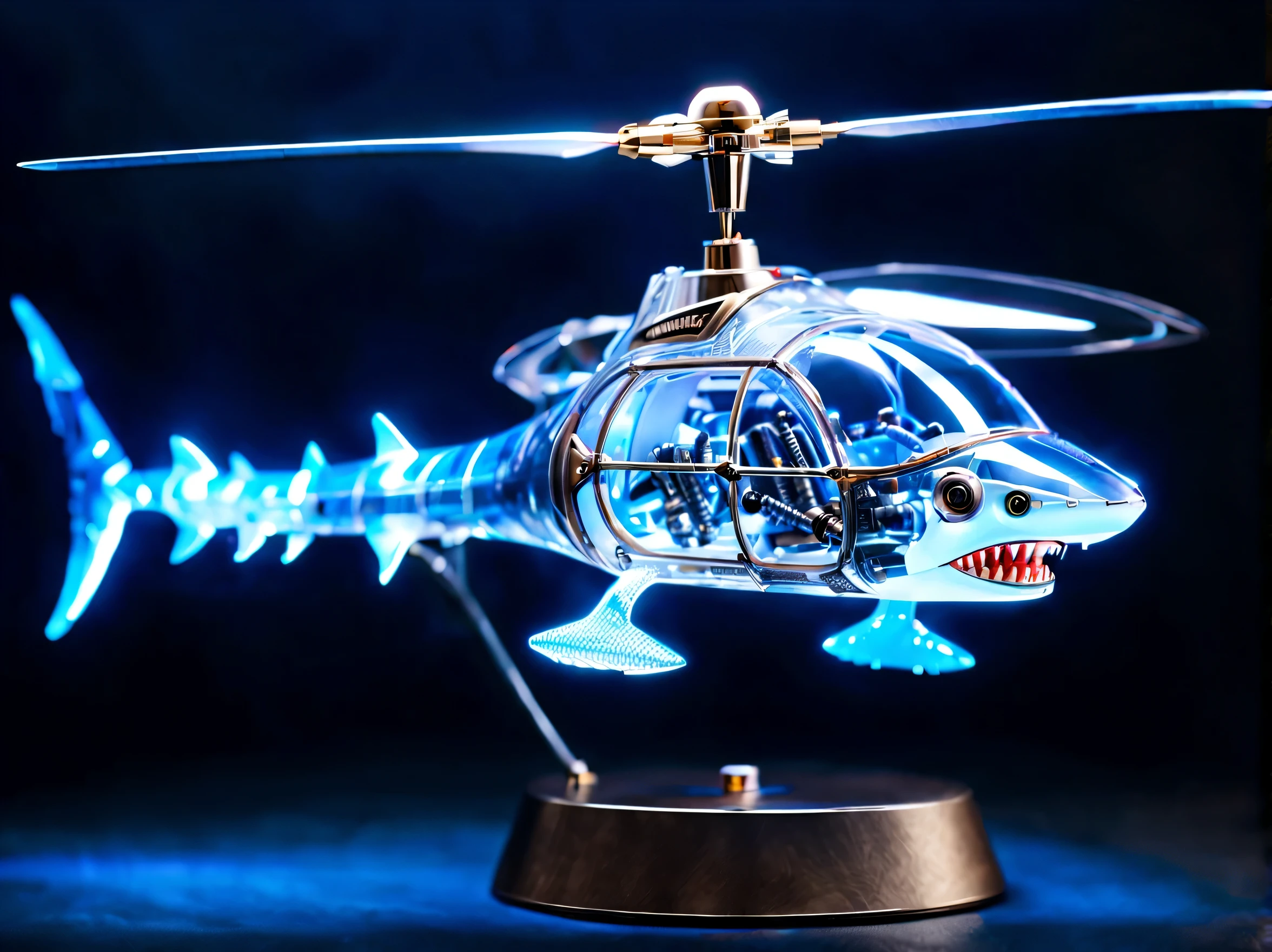 (best quality,HD:1.2)。鲨鱼造型的helicopter,helicopter,inspired by sharks,Transparent mechanical shark,sharp metal teeth,LED glowing eyes,translucent body,Demonstrate complex internal structure,metal reflection,dynamic poses,sharp focus,