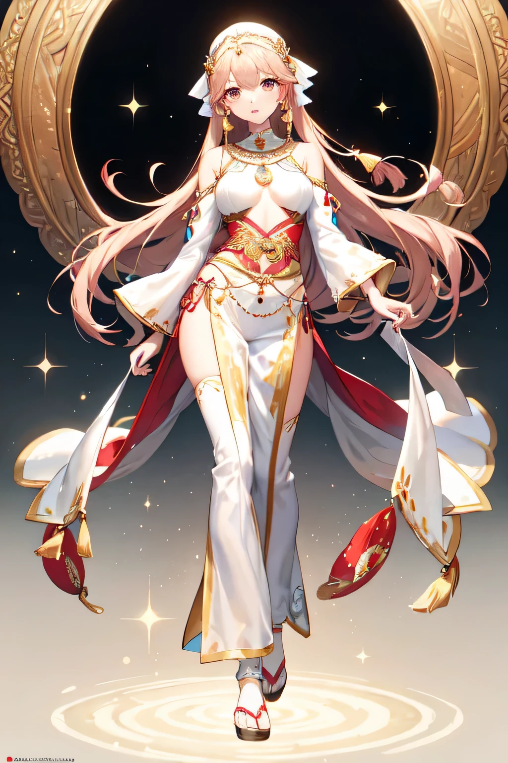 ((best quality)), ((masterpiece)), (detailed), perfect face brownish pale long pink hair with and golden brown eyes full body (((Clothes theme Slightly Arabian mix with traditional filipino clothing))) ((splash art))