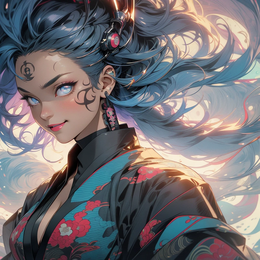 (((highest quality))),(((detailed eyes))),(((32k))),(1 girl),hair,(tattoo),(cyber punk),kimono,((Luxurious and gorgeous)),Shiny skin,earrings,flashy,((Super beautiful woman)),(perfect face),Japanese sword,ultimate texture,official art,Ukiyo-e,stylish,photograph,perfect body,smile,Bewitching,Highest image quality,distinct,real,fantasy,(Near the future),ninja,perfect eyes,big breasts,((cleavage)),highlight,挑発的なsmile,stick out tongue,split tongue,