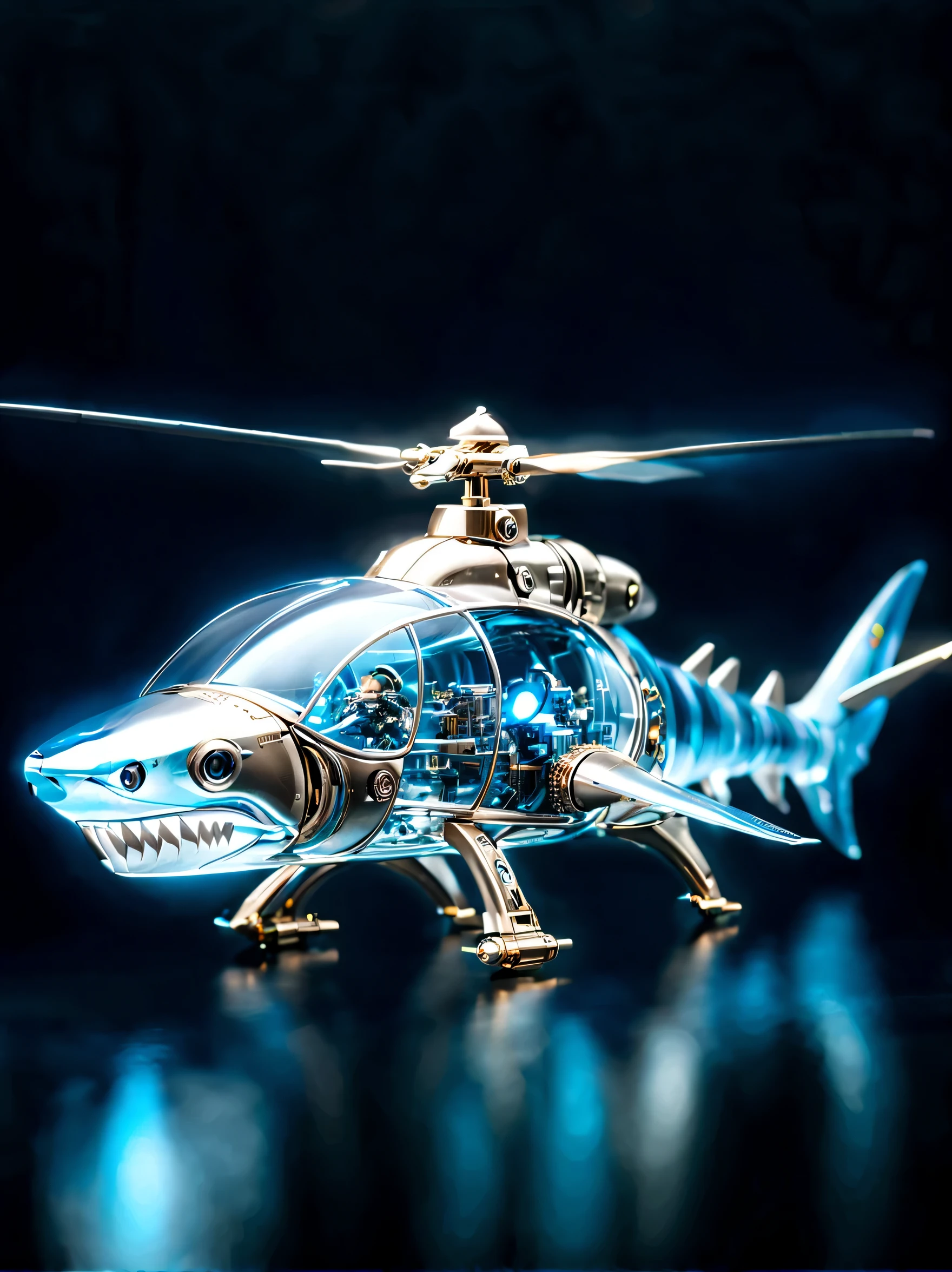 (best quality,HD:1.2)。鲨鱼造型的helicopter,helicopter,inspired by sharks,Transparent mechanical shark,sharp metal teeth,LED glowing eyes,translucent body,Demonstrate complex internal structure,metal reflection,dynamic poses,sharp focus。In the dreamy deep sea