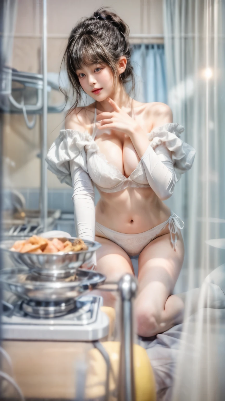masterpiece、8K、32K、highest quality、(cute japanese woman、bangs:1.3)、23 years old、1 girl、elegant、(summer:1.1)、sunset、(huge cleavage:1.2)、(black hair、China:1.2)、shy