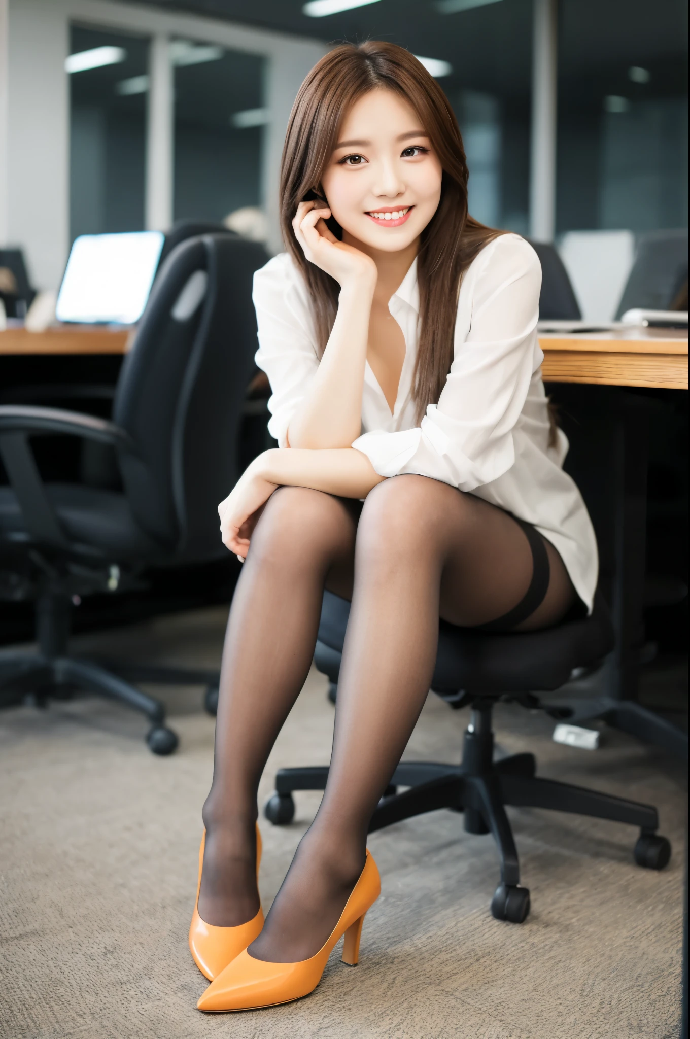 Ulchan-6500-v1.1, (RAW photo:1.2), (Photoreal), beautiful detailed girl, (genuine: 1.4), very detailed目と顔, beautiful and detailed eyes, Mr.々patterned vest、sitting on a chair in a busy office、(Sitting with legs aligned:1.3)、(super realistic pantyhose:1.2), (high heels)、(Business service)、(very affectionate smile:1.2)、huge file size, High resolution, very detailed, highest quality, [masterpiece:1.6], enlightenment, very detailed, finely, highest quality, 8k wallpaper, movie lighting, 1 girl, 26 years old, perfect body shape, cute droopy eyes、beautiful big eyes、highest quality, 1 girl, eye shadow, Upper body, portrait, ((full body shot:1.3))、