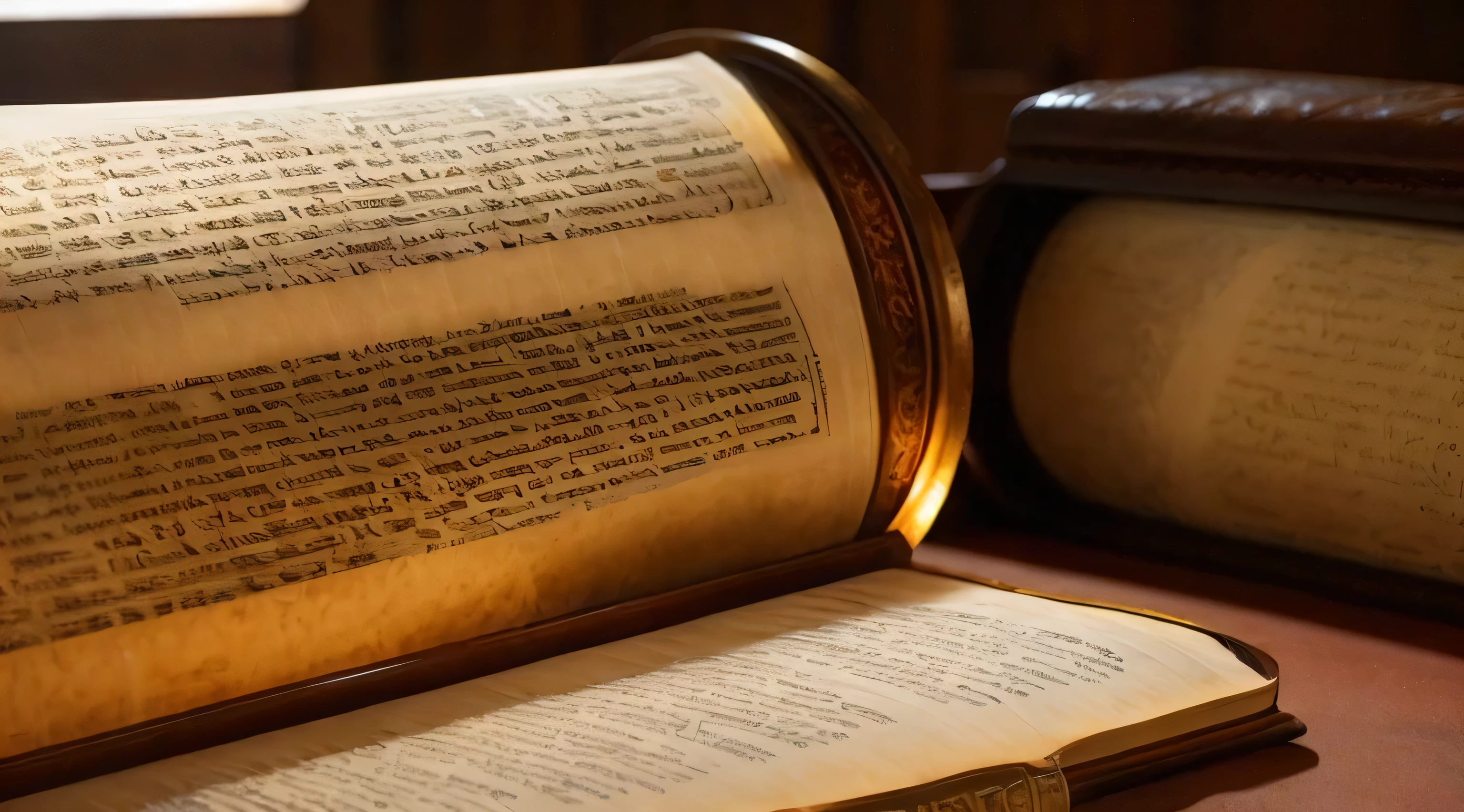 Ancient Israel、1st century、(((old scroll with hebrew written on it)))、(((open scroll)))、(((bible manuscripts)))、In 8K、Live shooting、highest quality、masterpiece:1.5、ultra-lightweighthigh-resolution、photogenuineistic:1.5、cinematic light、soft volume lighting:1.5、genuine、photogenuineistic:1、be familiar withな皮膚、professional lighting、photograph、sharp focus、be familiar with、professional lighting、photon mapping、be familiar withで複雑な環境、非常にbe familiar with、highest quality、美術的なphotograph、photogenuineisticなコンセプトアート、Cinematic perfect light with soft natural volume、mid journey、be familiar withな手、