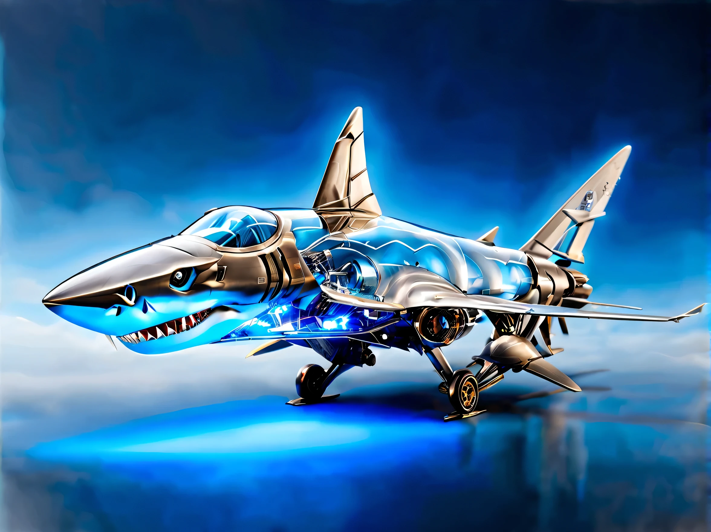 (best quality,HD:1.2)。鲨鱼造型的fighter jets,fighter jets,inspired by sharks,Transparent mechanical shark,sharp metal teeth,LED glowing eyes,translucent body,Demonstrate complex internal structure,metal reflection,dynamic poses,sharp focus。The sky shines with the light of flight