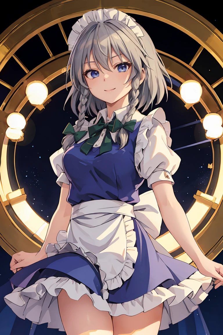 masterpiece:1.2, best quality, ((ultra detailed)), high resolution, 2d, anime style , photo, photography, detailed background, solo, {izayoi_sakuya_touhou}, braid, twin_braids, maid_headdress, short_hair, maid, bow, grey_hair, hair_bow, bangs, blue_eyes, ribbon, hair_between_eyes,apron, cowboy shot,green_bow,BREAK light smile,walking,