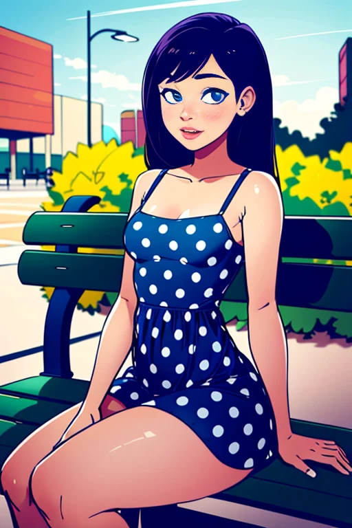 1girl, madure Woman, Thick thighs, small breast,(polka dot sundress), sitting at bench in a park