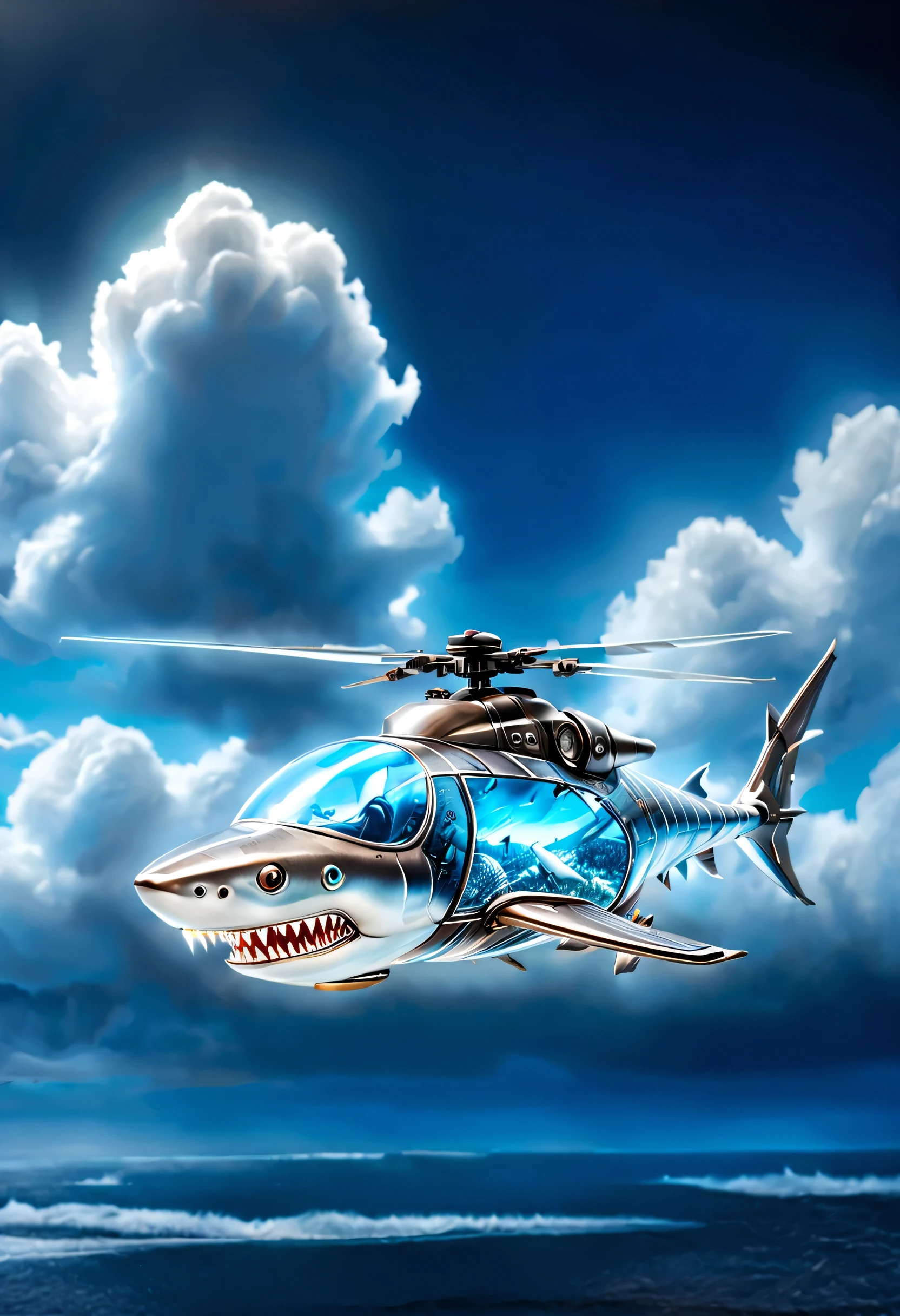 (best quality，HD:1.2)。鲨鱼造型的helicopter，helicopter，inspired by sharks，Transparent mechanical shark，sharp metal teeth，LED glowing eyes，translucent body，Demonstrate complex internal structure，metal reflection，dynamic poses，sharp focus。Fly in the sky，Dream clouds。