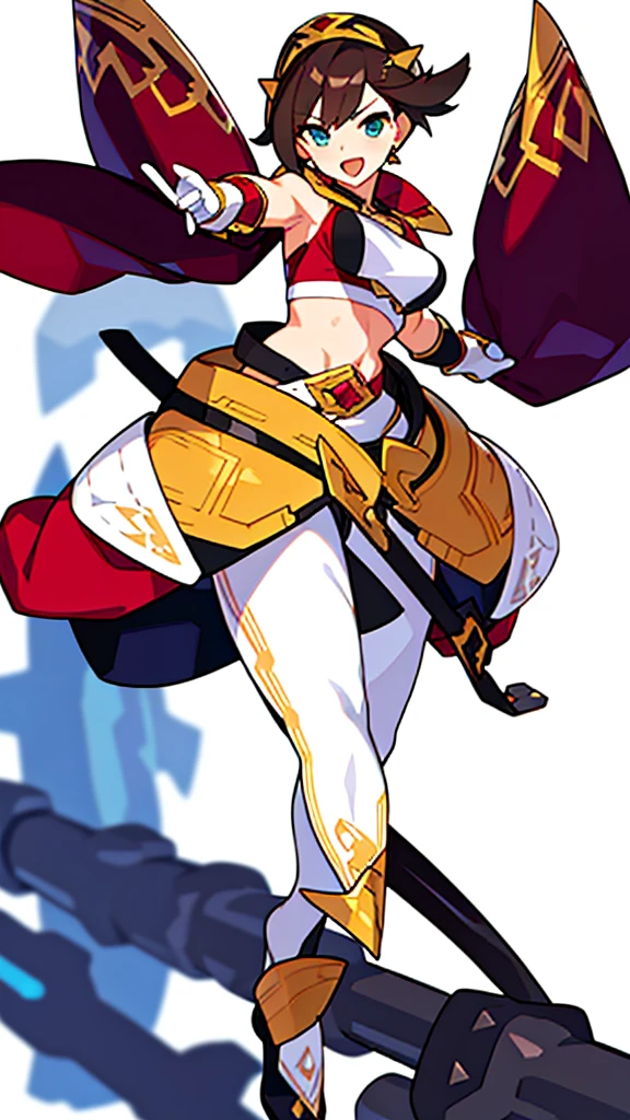 solo female, midriff, (((blurry background, white background))), character focus, fantasy clothes, standing, grove cuff, gloves, character design,