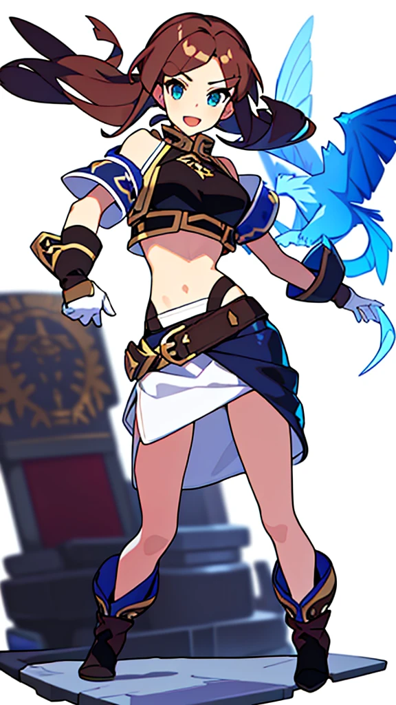 solo female, midriff, (((blurry background, white background))), character focus, fantasy clothes, standing, grove cuff, gloves, character design,