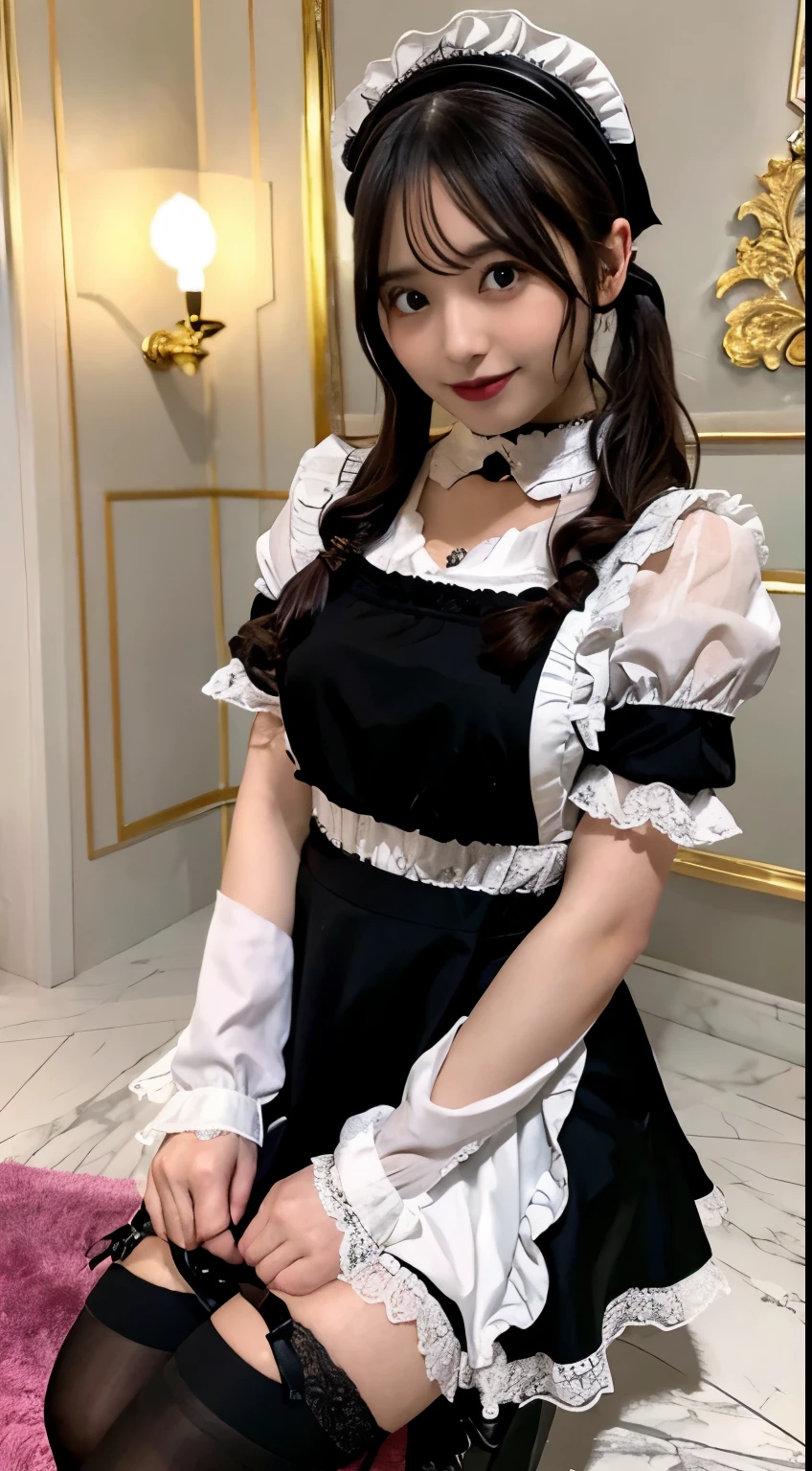 (Gothic Maid:1.3)
BREAK
cute, smile, twintails, black hair, knee-high tights, garter belt,
BREAK
in the mansion room,
high-resolution, ultra-detailed, best quality, 