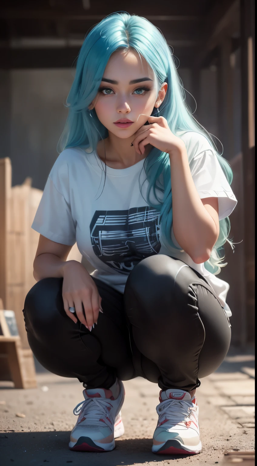 1 girl named Sarah with long light blue hair, dyed loose hair, Long hairstyle, perfect detailed face, Young pretty white girl, Hot-top model, Detailed symmetrical light green eyes with round irises, Beautiful, Walking and posing, Look at the observer, 19-year-old girl, looks like Madison Beer, extremely detailed face, Model, Realistic, Real life, perfect photorealistic picture, Realistic, hourglass figure, Stunning realistic photography, Detailed fingers, detailed realistic face, Soft fingers, real human nails, Extremely attractive girl, perfect detailed tan, small eyes, perfectly detailed face with realistic complexion and finely porous skin, small nose, Model, Perfect posture, Natural limbs, long legs, detailed symmetrical eyeballs, symmetric eyes, Realistic eyeballs, Realistic detailed eyes, cute plump closed lips, makeup, no long neck, no long waist, Perfect proportional body, seductive gaze, Looking in the direction of the viewer, Fascinating facial features, ah high, two arms, Two legs, one head, tiny breasts, realistic natural bodies, realistic shadows, Mystical epiphany, 8K, UHD, ((body facing the viewer, Pointing at the camera)), "wide-angle", Full-body shot, full pose, (photo studio white background), tempt a little, Cinematic world, Cover photo in the center of Hyperealistic, Stunning full-color, Cinematic, neoprene, behance contest winner, portrait of a, presented at Unsplash, stylized digital art, Smooth, extra high resolution, She wearing a large white long T-shirt and black Acronym J36-S sweatpants (T-shirt only white), black and white sneakers, instagram model, 80mm , Streetwear , (((squatting))) , Realistic,round ass