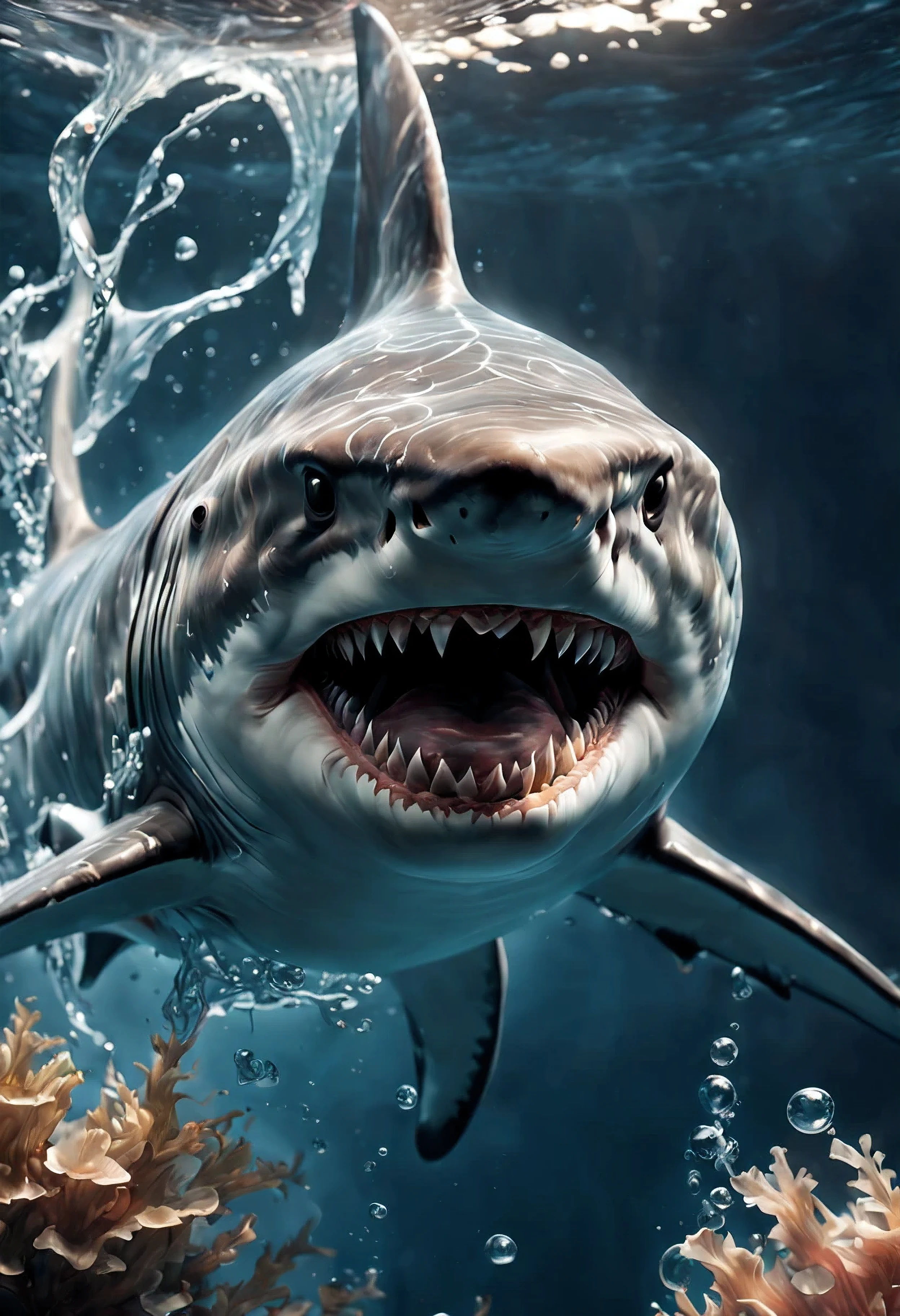 (((intricate detail:1.4))), (((extremely insane detail:1.4))),(((highest quality:1.3))), (((Soft colors 4k highly detailed digital art:1.3))). | Close up of angry majestic shark swimming, lean shark, vicious shark, ultimate predator, as jet of water reflect light, every jet detailed and rendered with a masterful gouache technique,surrounded by terrifying atmosphere of light and shadow art, bubble of water everywhere, great environment, subtly illuminateits beauty and strength captured,It gives a majestic aura.
