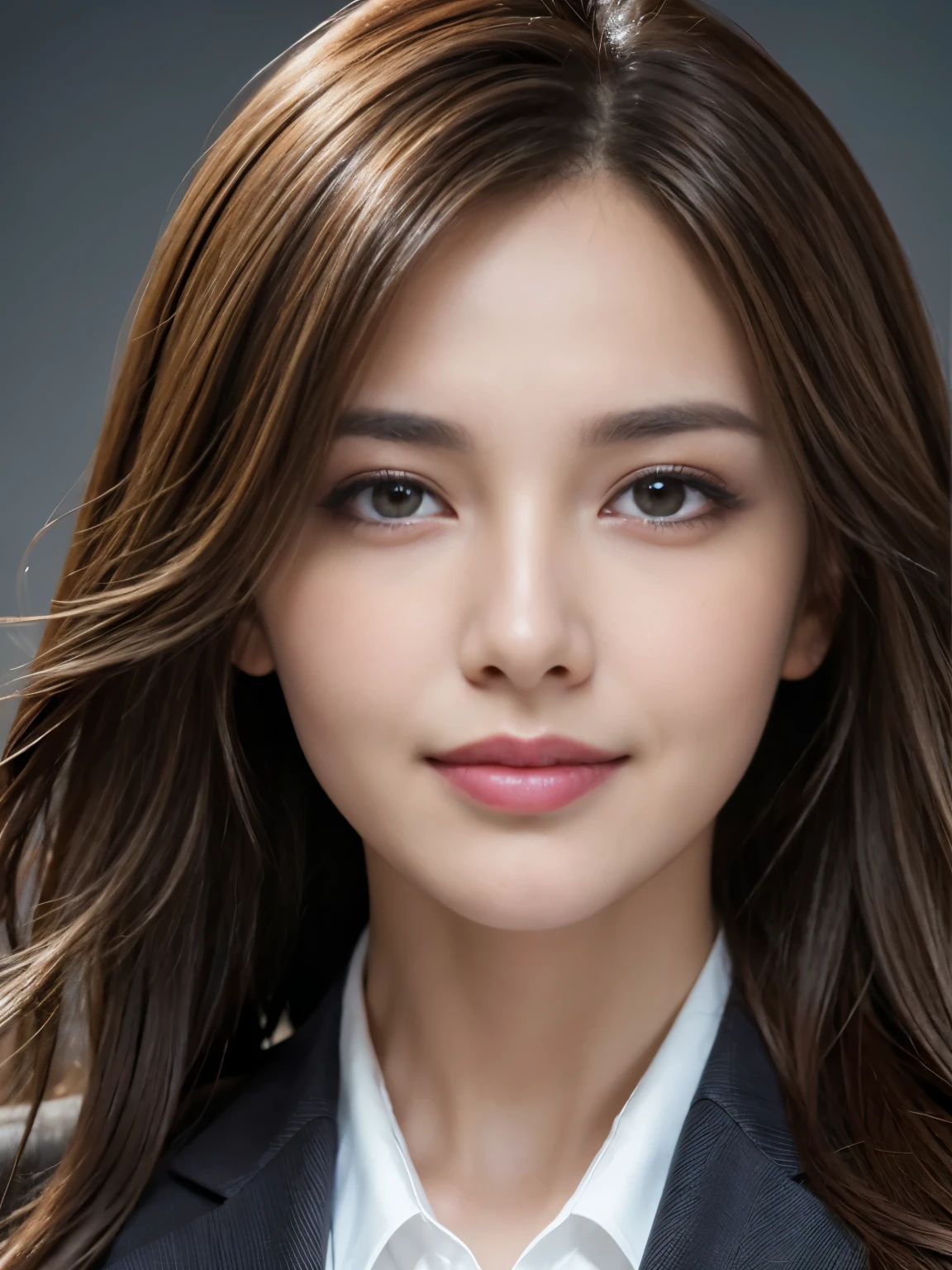 table top, highest quality, realistic, super detailed, finely, High resolution, 8k wallpaper, 1 beautiful woman,, light brown messy hair, wearing a business suit, sharp focus, perfect dynamic composition, beautiful and fine eyes, fine hair, Detailed realistic skin texture, smile, close-up portrait, model body shape