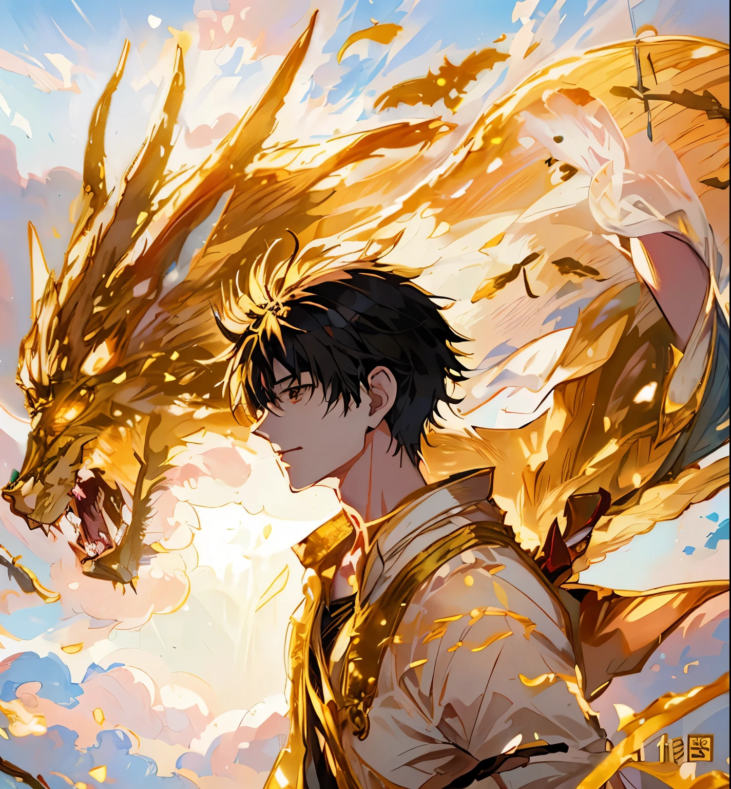 A handsome anime boy holding a peach wood sword, fighting a group of monsters, golden light scattered everywhere, anime CG, 2D anime