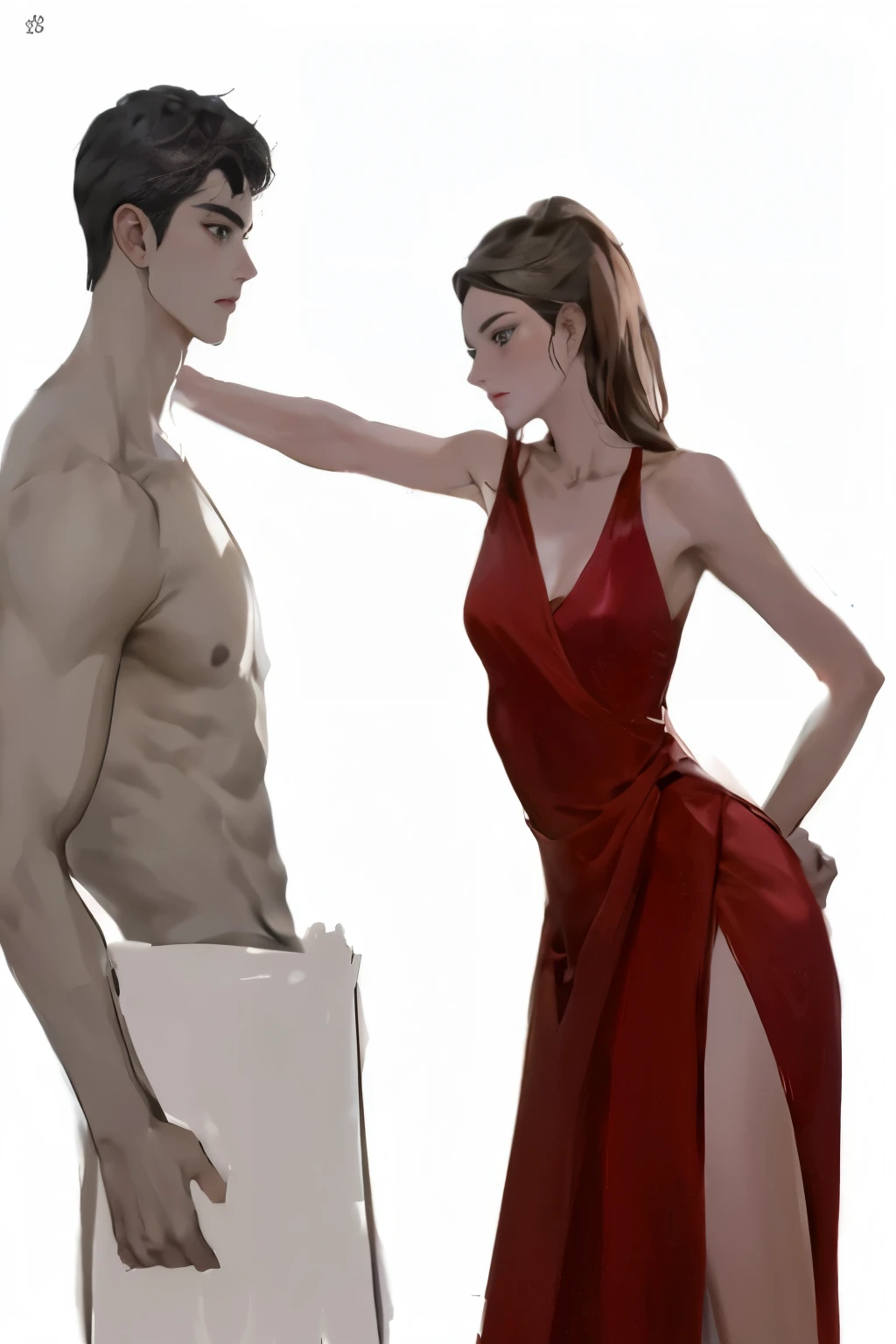 Painting of a man and woman in red clothes, Ruan Jia and Joao Ruas, Phtoto is shirtless with a red outfit., By Kim Eung Hwan, By Li Zai, by jeonseok lee, Roberto Ferry and Ruean Jia, Artgerm and Genzoman, By Zhou Fang, By Ni Yuanlu, By Zhou Chen
