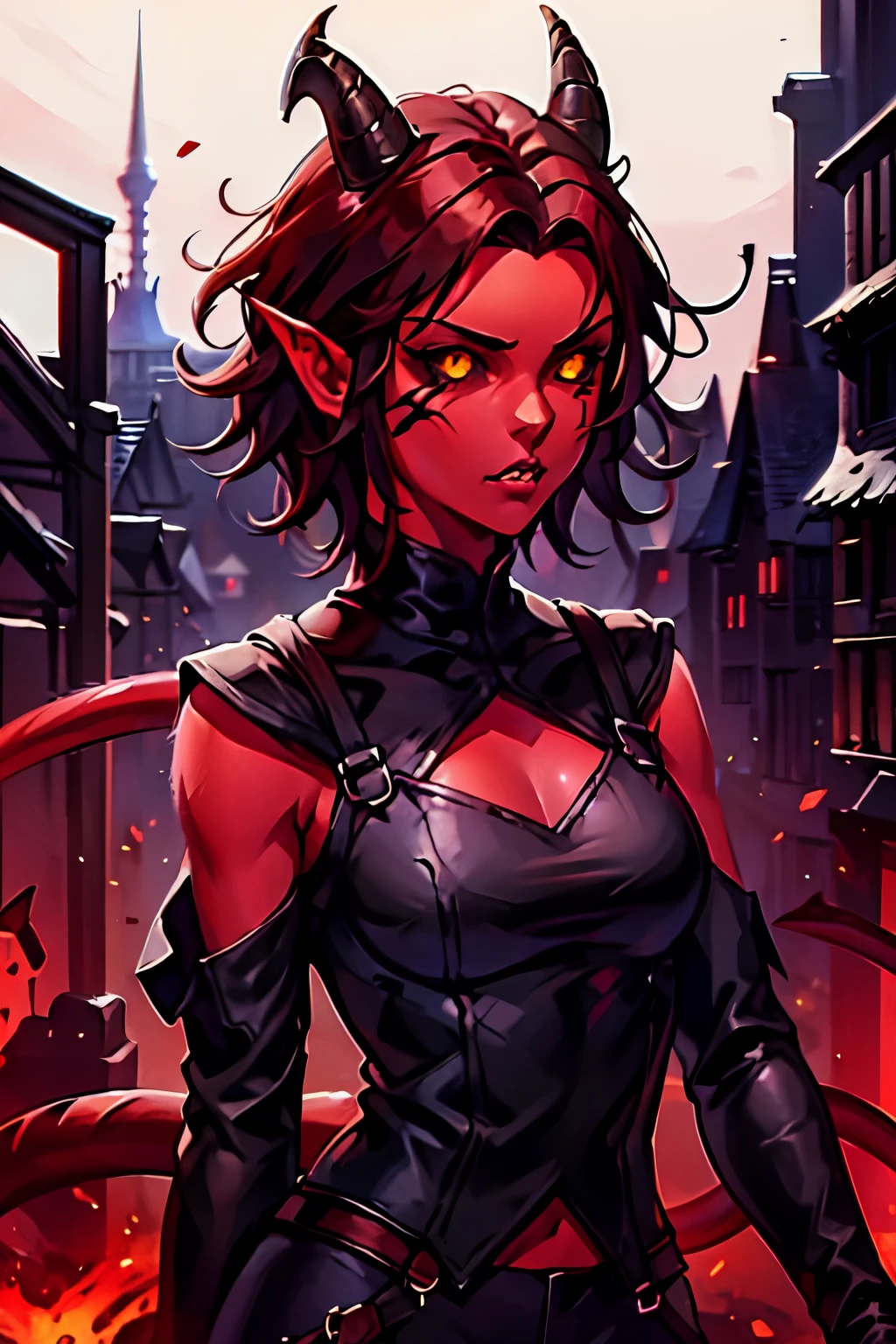 1girl, tiefling, red skin, yellow eyes, black sclera, pointy ears, red horns, short brown hair, sharp teeth, black sleeveless shirt, black shorts, black off shoulder sleeves, rogue outfit, demon tail, black boots, goggles on head, upper body