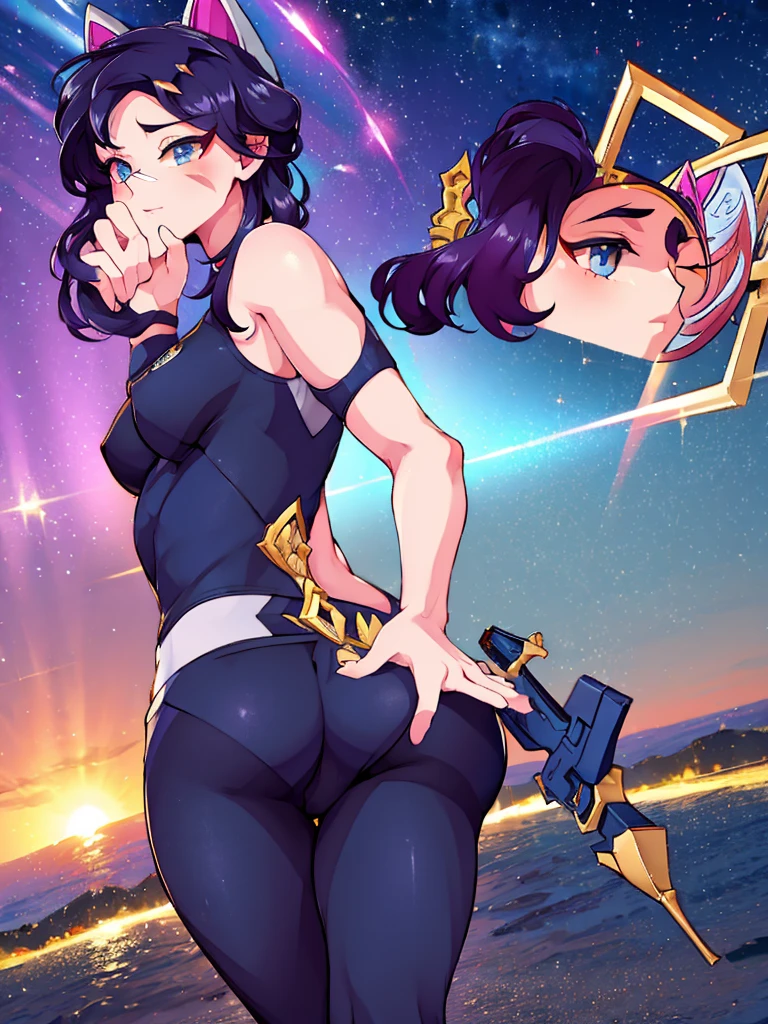 Erisa, tight pants, sportswear, butt, seductive, thick thighs, night sky view, realistic, best quality, masterpiece, ultra detail, ultra high res