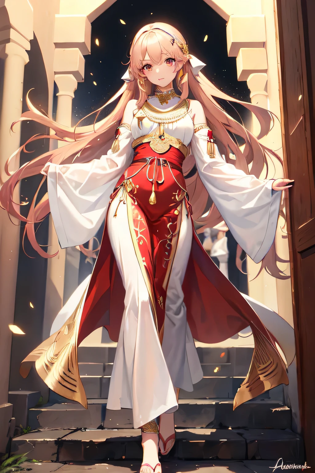 ((best quality)), ((masterpiece)), (detailed), perfect face brownish pale long pink hair with and golden brown eyes full body (((Clothes theme Slightly Arabian mix with traditional filipino clothing))) ((splash art))